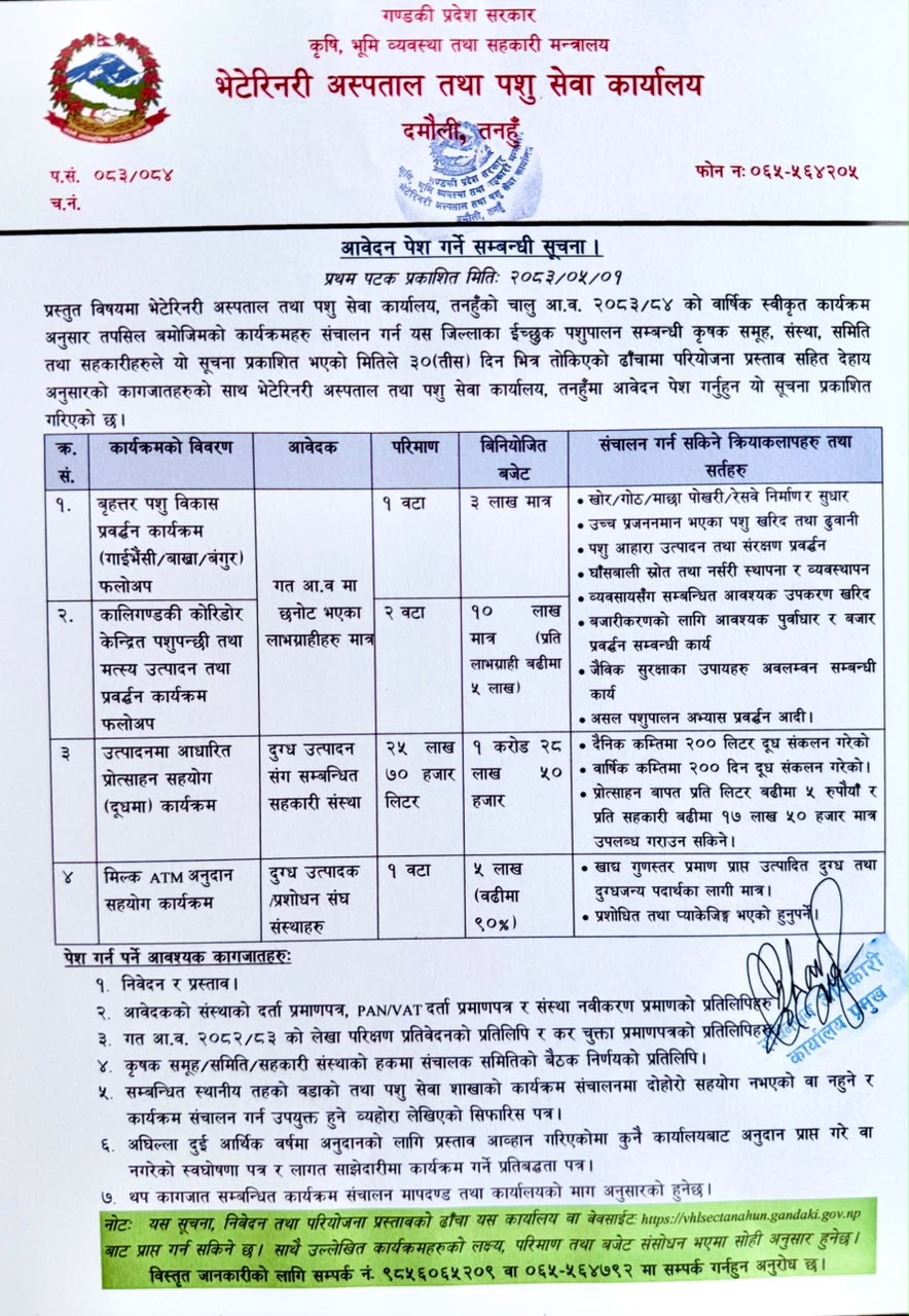 अनुदान कार्यक्रमको लागि आवेदन पेश गर्ने सम्बन्धी सूचना